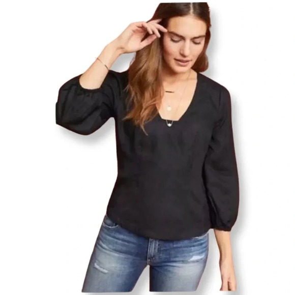 Maeve Tops - Anthro Maeve Becca Linen Blend Square Neck Puff Sleeve Black Blouse Size 2